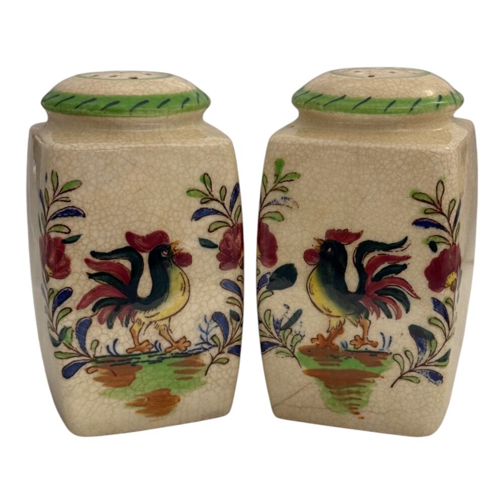 Vintage 1950s Kakusan Rooster Salt  Pepper Shakers Japan Ceramic Kitschy Figural